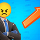 An angry man in a ripped suit stands near a large orange arrow.